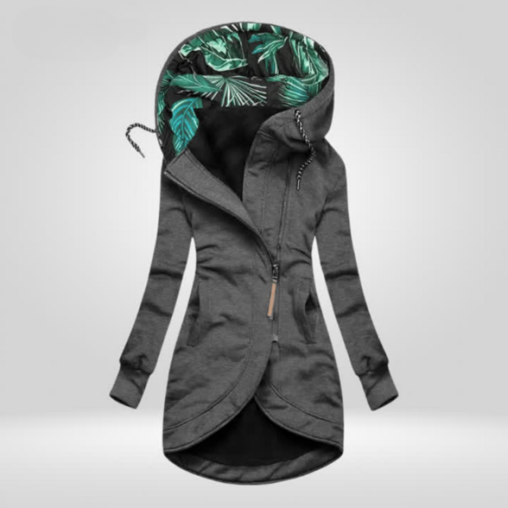 Womens zip up hoodie in Gray, long cut with leaf print lined hood and curved hem