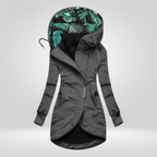 Womens zip up hoodie in Gray, long cut with leaf print lined hood and curved hem