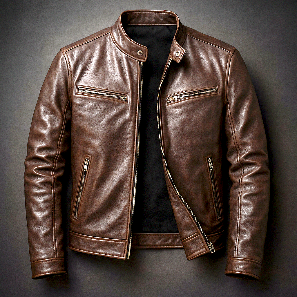 Four Zip Pockets Leather Jacket with Stand Collar