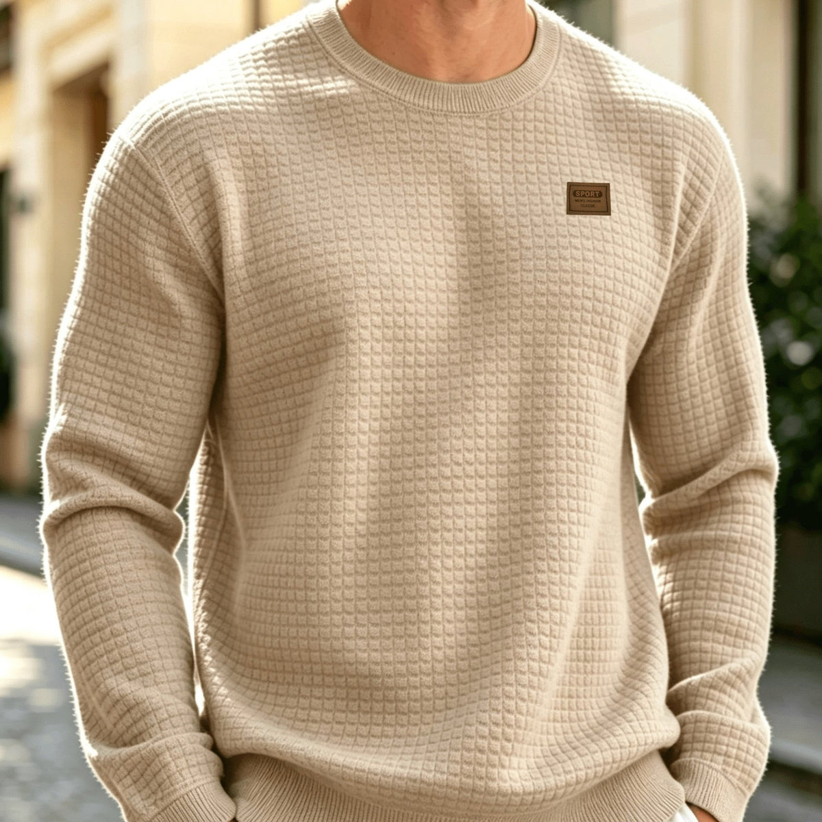 Leather Patch Crewneck Sweater with Waffle Texture