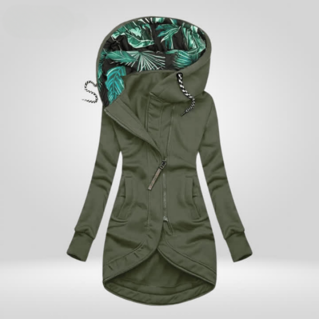 Womens zip up hoodie in Olive Green, long cut with leaf print lined hood and curved hem