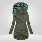 Womens zip up hoodie in Olive Green, long cut with leaf print lined hood and curved hem