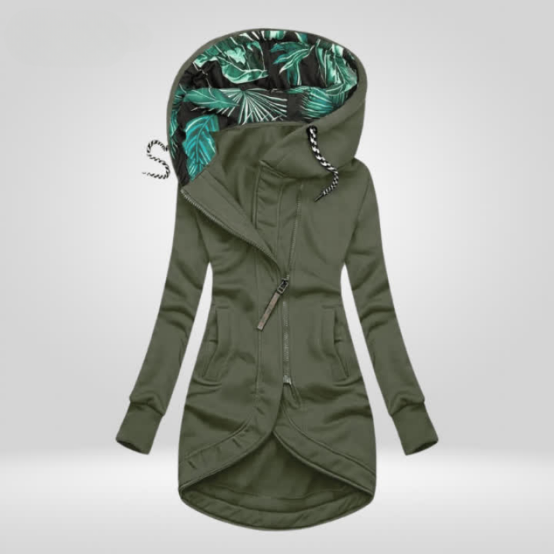 Womens zip up hoodie in Olive Green, long cut with leaf print lined hood and curved hem