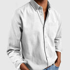 Mens button up shirt in White, front view on a model