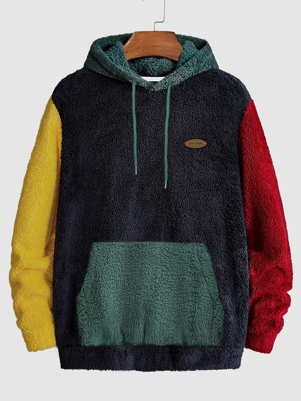 Mens sherpa fleece tracksuit in Navy, hoodie front with yellow and red sleeves