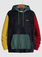 Mens sherpa fleece tracksuit in Navy, hoodie front with yellow and red sleeves