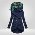 Womens zip up hoodie in Navy Blue, long cut with leaf print lined hood and curved hem
