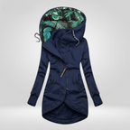 Womens zip up hoodie in Navy Blue, long cut with leaf print lined hood and curved hem