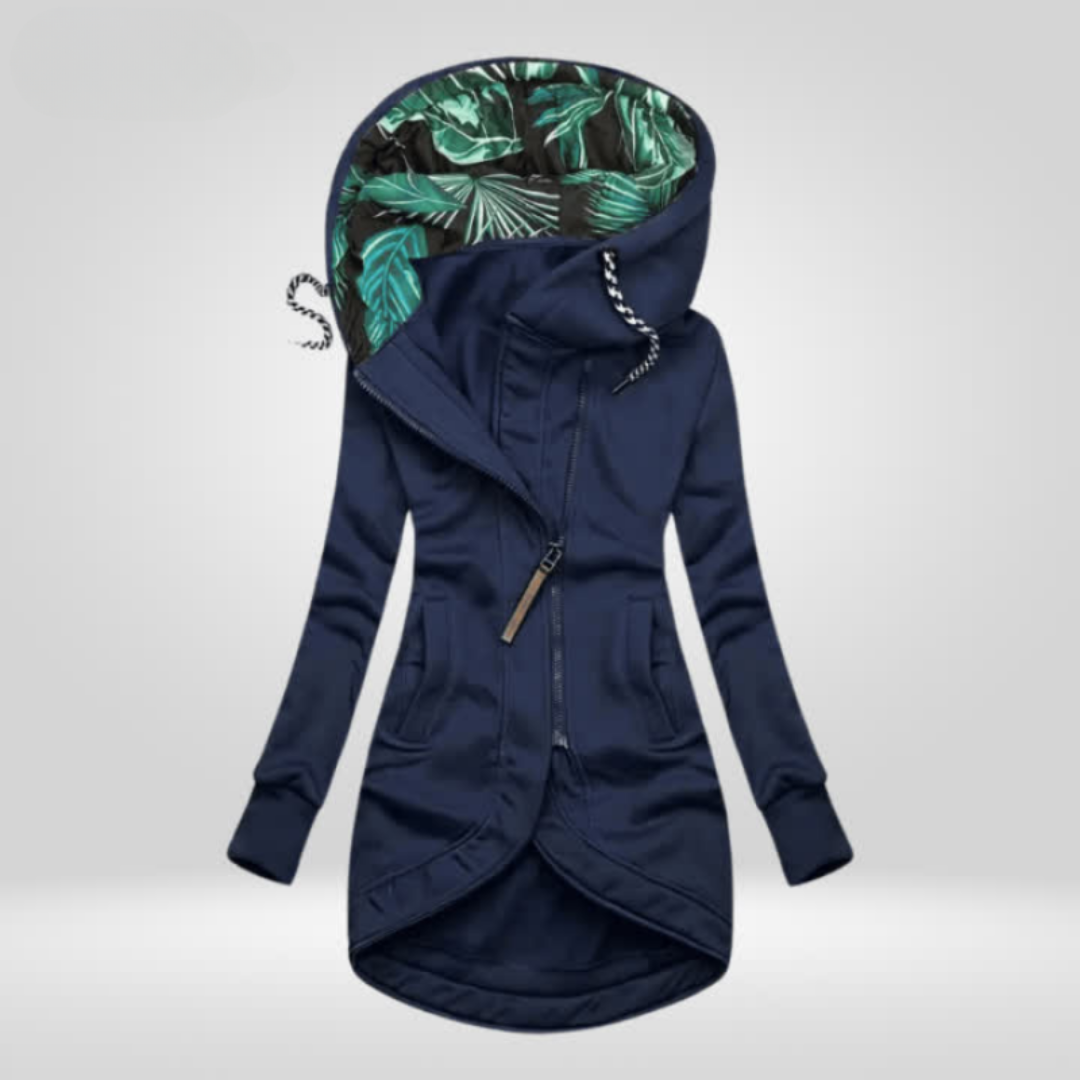Womens zip up hoodie in Navy Blue, long cut with leaf print lined hood and curved hem