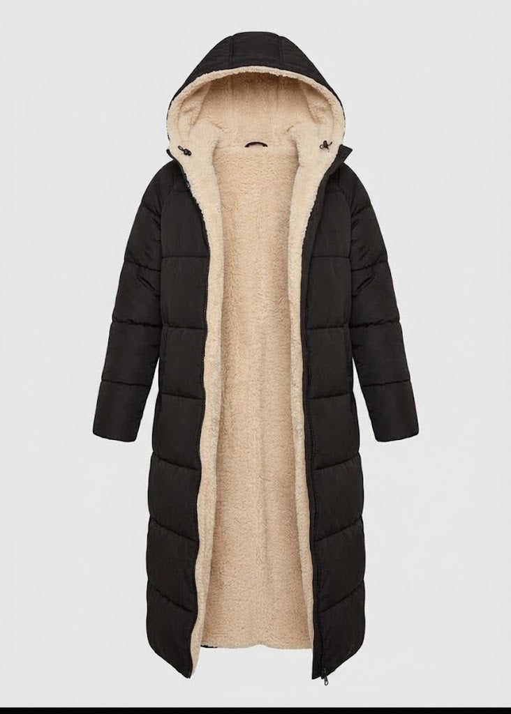 Womens long puffer coat in Black, open front showing the sherpa lining