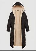 Womens long puffer coat in Black, open front showing the sherpa lining
