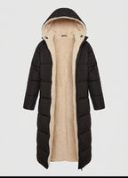 Womens long puffer coat in Black, open front showing the sherpa lining