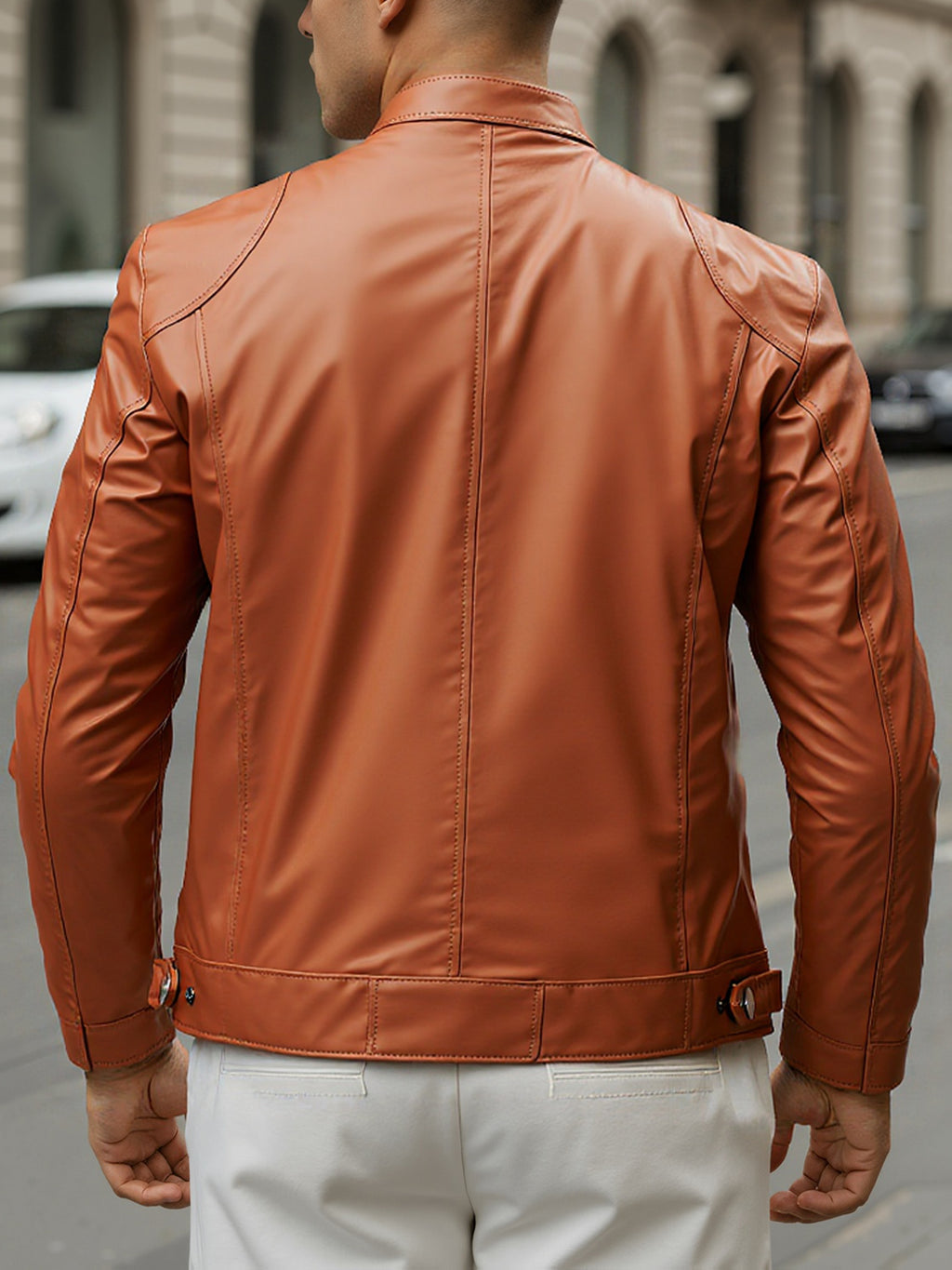 Zip Pockets Leather Jacket with Stand Collar