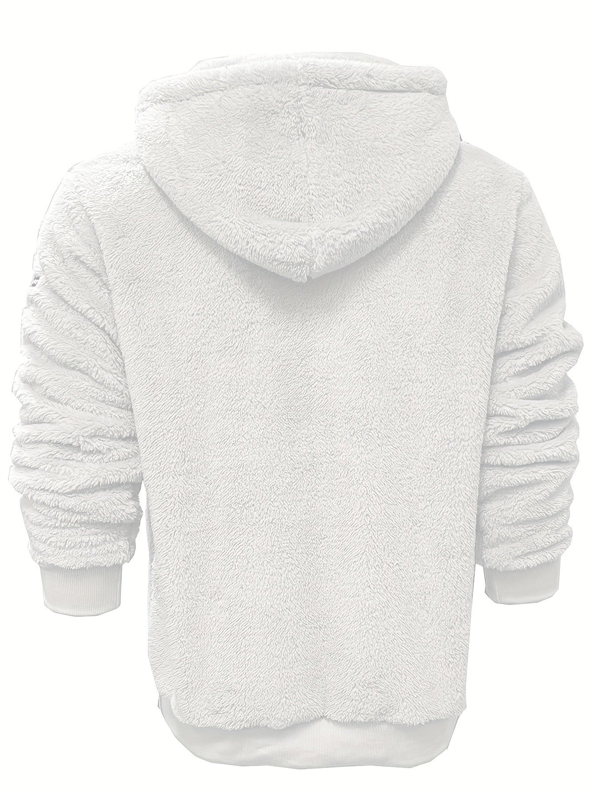 Mens sherpa hoodie in White, back view with hood