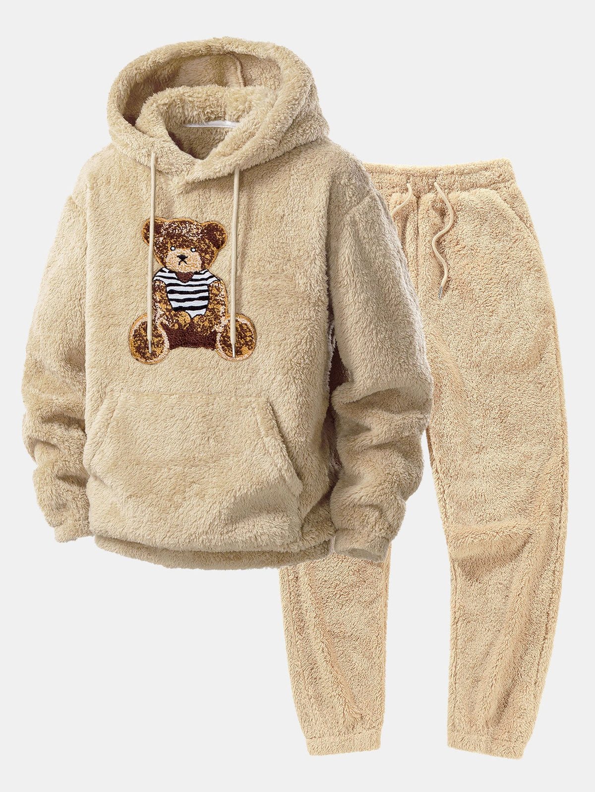 Mens sweatsuit in teddy fleece in Beige, hoodie and joggers laid flat
