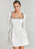 Womens velvet mini dress in White, front view, waist up