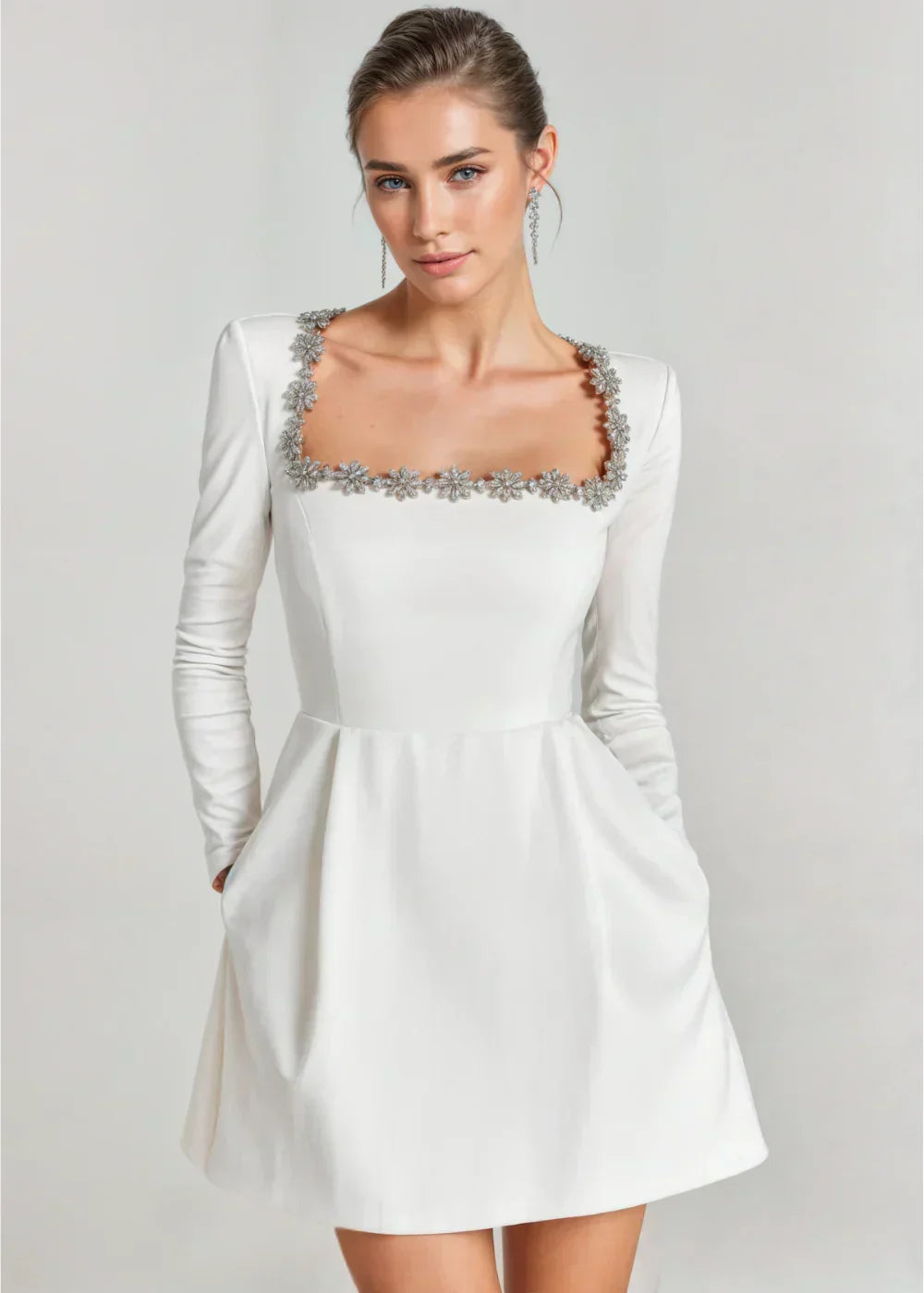 Womens velvet mini dress in White, front view, waist up
