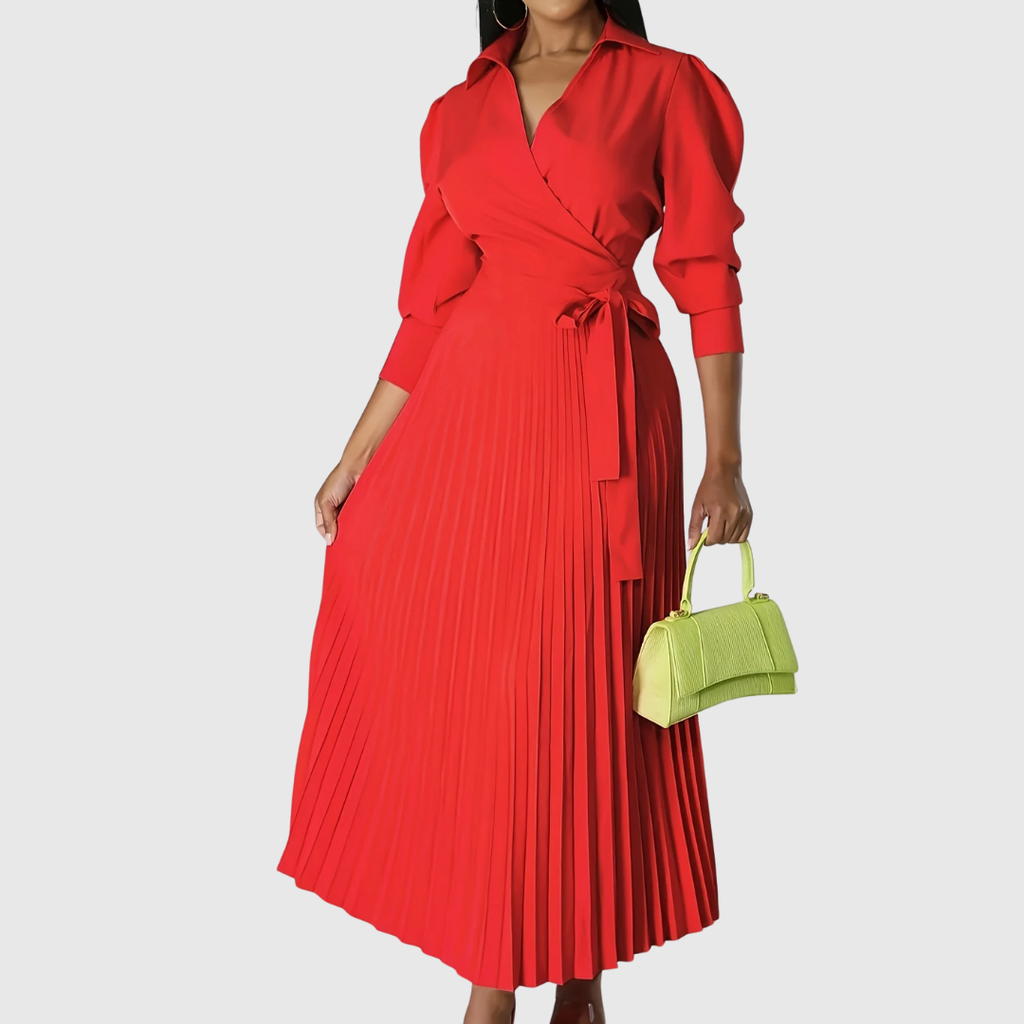 Womens wrap dress with pleated maxi skirt in Red, tie waist, front view