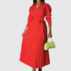 Womens wrap dress with pleated maxi skirt in Red, tie waist, front view