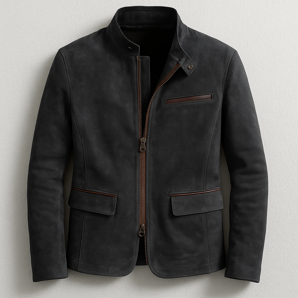 Black stand Collar Suede Jacket for Men