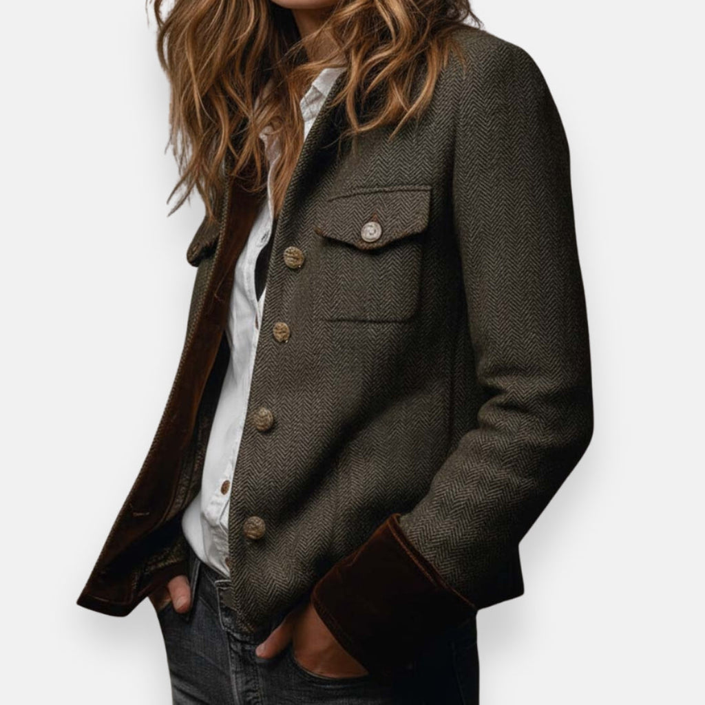 Womens tweed jacket with velvet trim in olive, side view with chest pocket