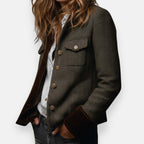 Womens tweed jacket with velvet trim in olive, side view with chest pocket