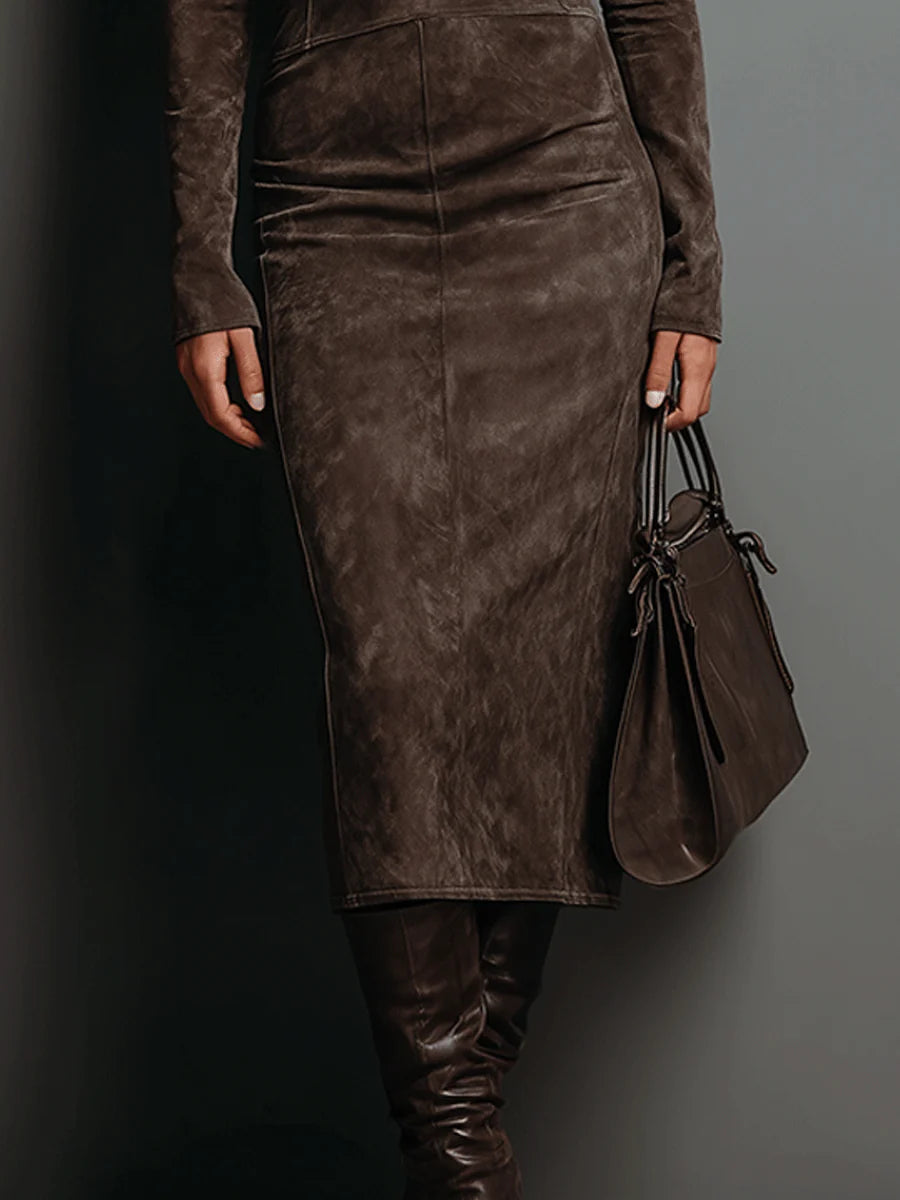 Womens turtleneck midi dress in Brown, close view of the skirt