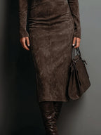 Womens turtleneck midi dress in Brown, close view of the skirt