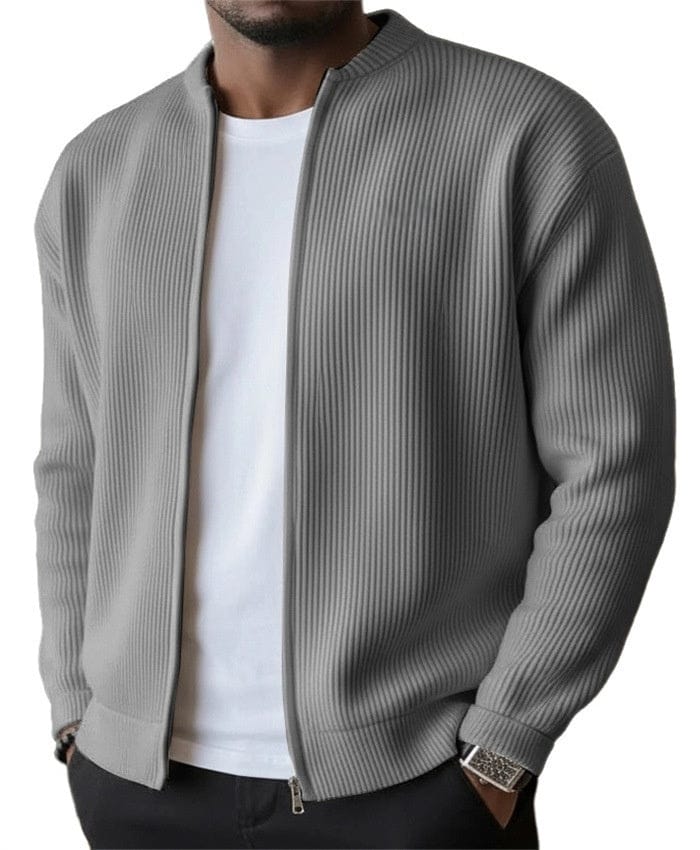 Mens zip up cardigan in rib knit in Gray, worn open over a white tee