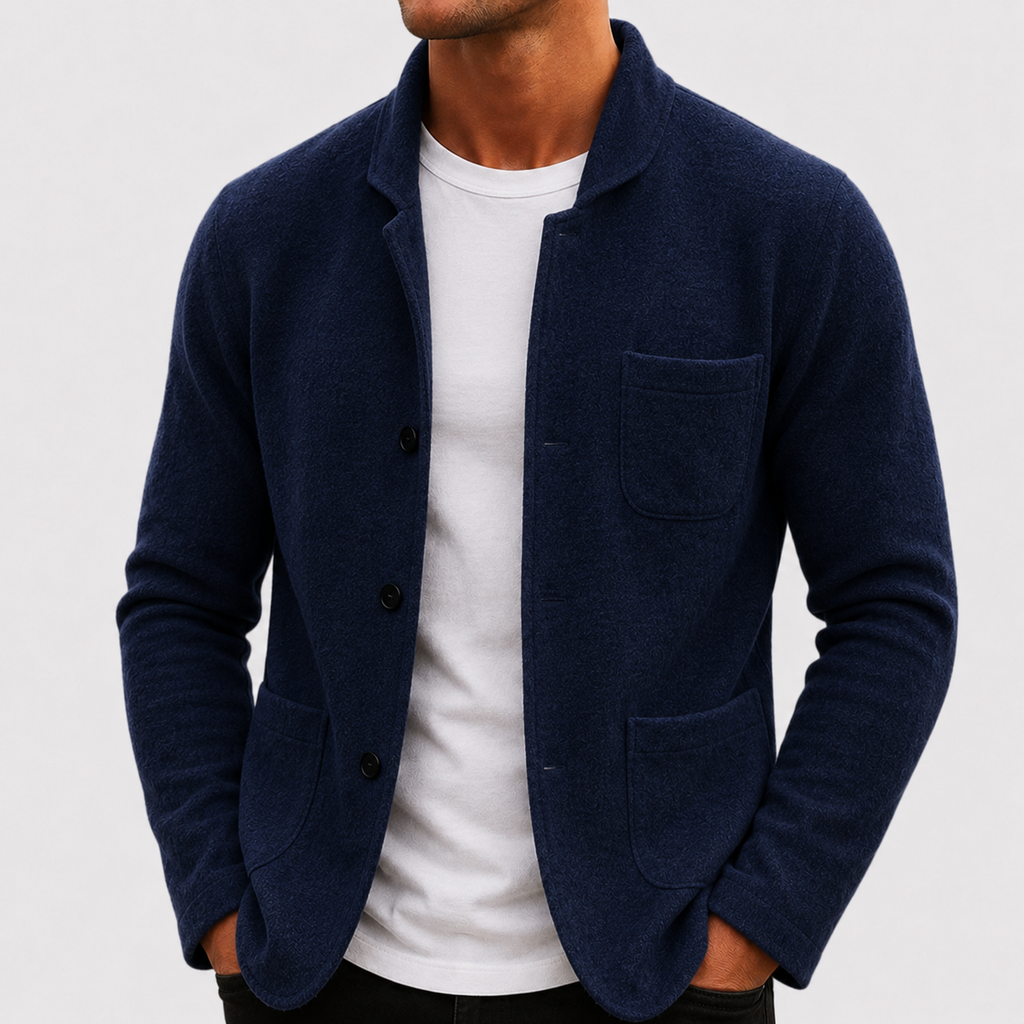 Mens cardigan in Blue, front view on a model