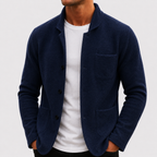 Mens cardigan in Blue, front view on a model