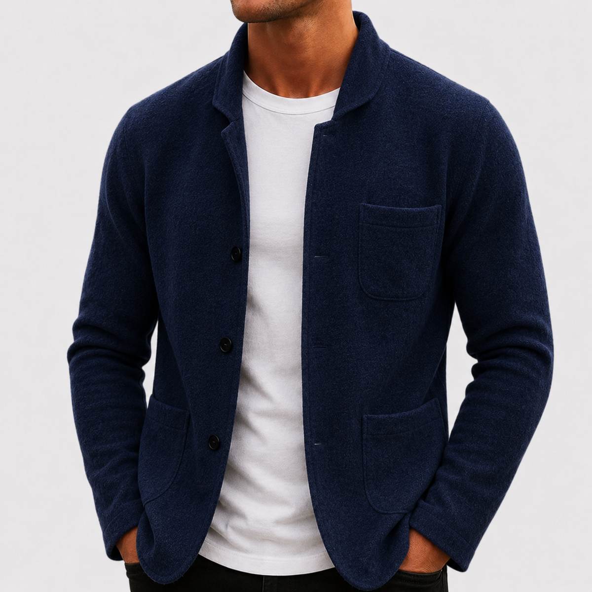 Mens cardigan in Blue, front view on a model