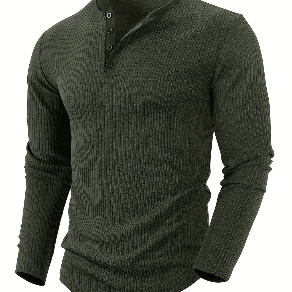 Ribbed Knit Henley Shirt with Button Placket