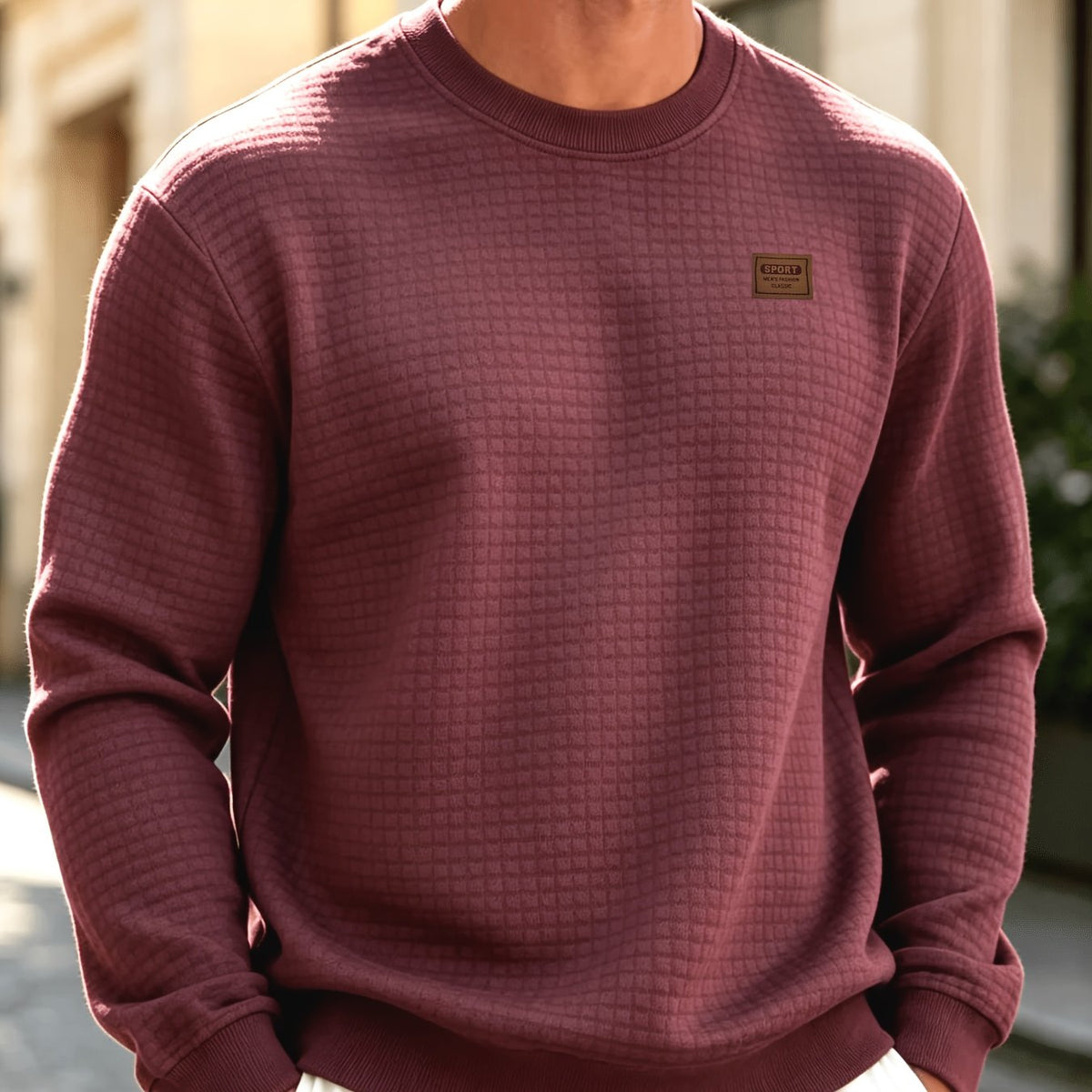 Leather Patch Crewneck Sweater with Waffle Texture