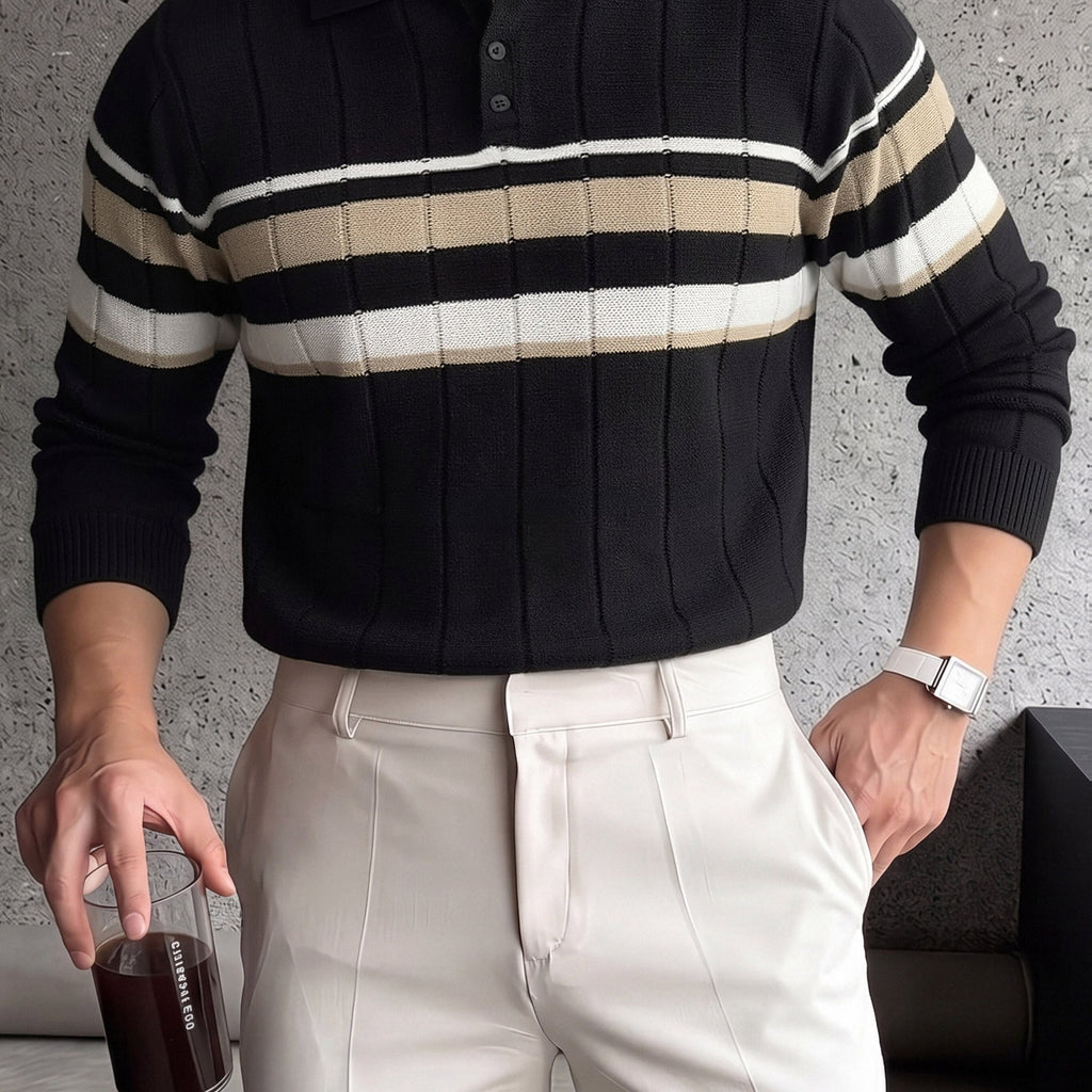 Striped Knit Polo with Button Placket