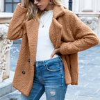 Womens teddy coat in Camel, double-breasted with notched lapels, worn over jeans