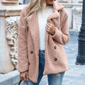 Womens teddy coat in Pink, double-breasted with notched lapels, worn over jeans