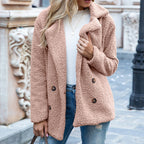 Womens teddy coat in Pink, double-breasted with notched lapels, worn over jeans