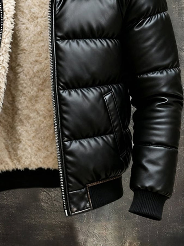 Mens quilted puffer jacket in Black, side close-up of the slanted pocket and rib cuff