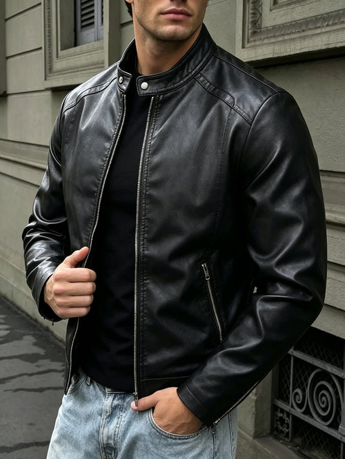 Retro biker jacket in black with stand collar and snap front