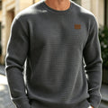 Leather Patch Crewneck Sweater with Waffle Texture