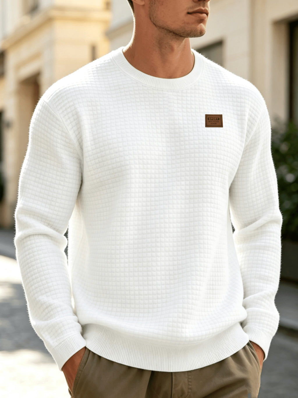 Leather Patch Crewneck Sweater with Waffle Texture