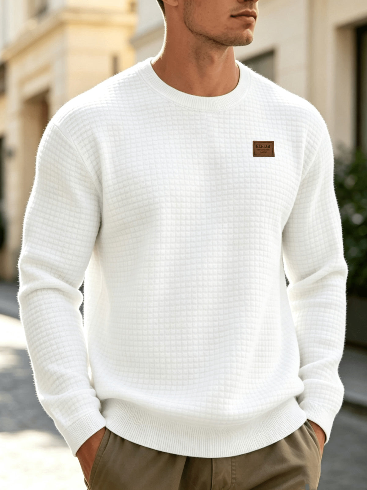 Leather Patch Crewneck Sweater with Waffle Texture