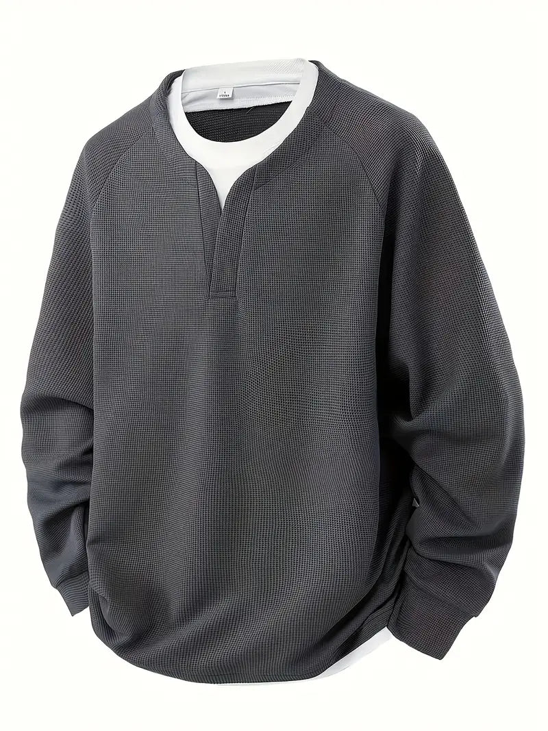 Mens waffle knit sweatshirt in Gray, front view with notch neck