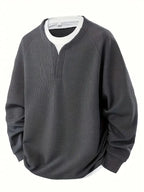 Mens waffle knit sweatshirt in Gray, front view with notch neck