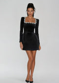 Womens velvet mini dress in Black, rhinestone square neck, front view