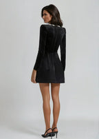 Womens velvet mini dress in Black, back view