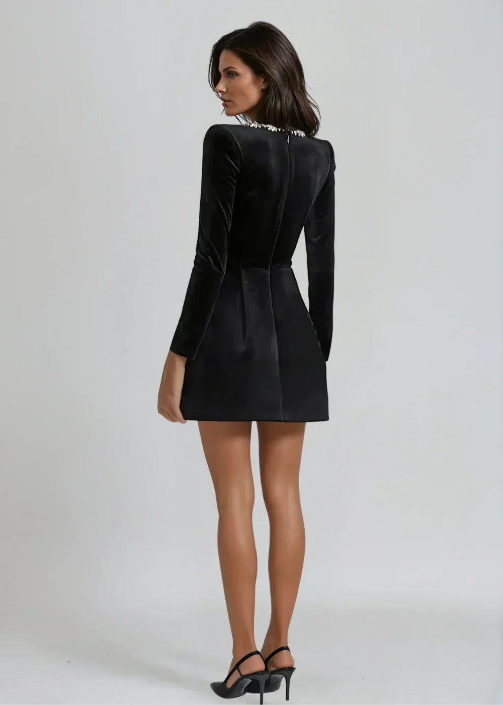 Womens velvet mini dress in Black, back view