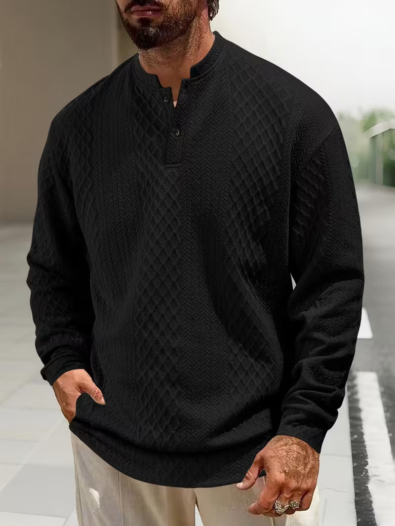 Mens henley sweater in Black, front view