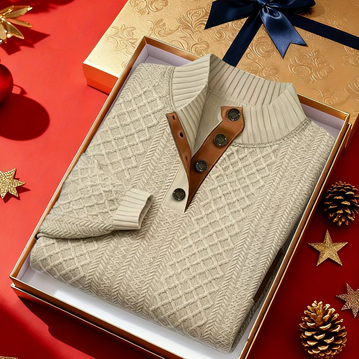 Mens mock neck sweater in Light Khaki, folded in a gift box